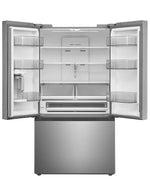 Open refrigerator showing glass shelves, clear door bins, drawers and internal water system