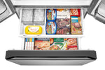 Bottom freezer stocked with frozen foods and separate small and large ice bins