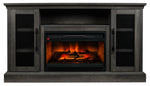 Front view of Millbrook 59.75" Fireplace TV Stand in Fawn Aged Oak with electric fireplace and black mesh cabinet doors