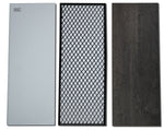 Millbrook Fireplace TV Stand door panel options shown in tempered glass, black diamond mesh and Fawn Aged Oak wood finishes