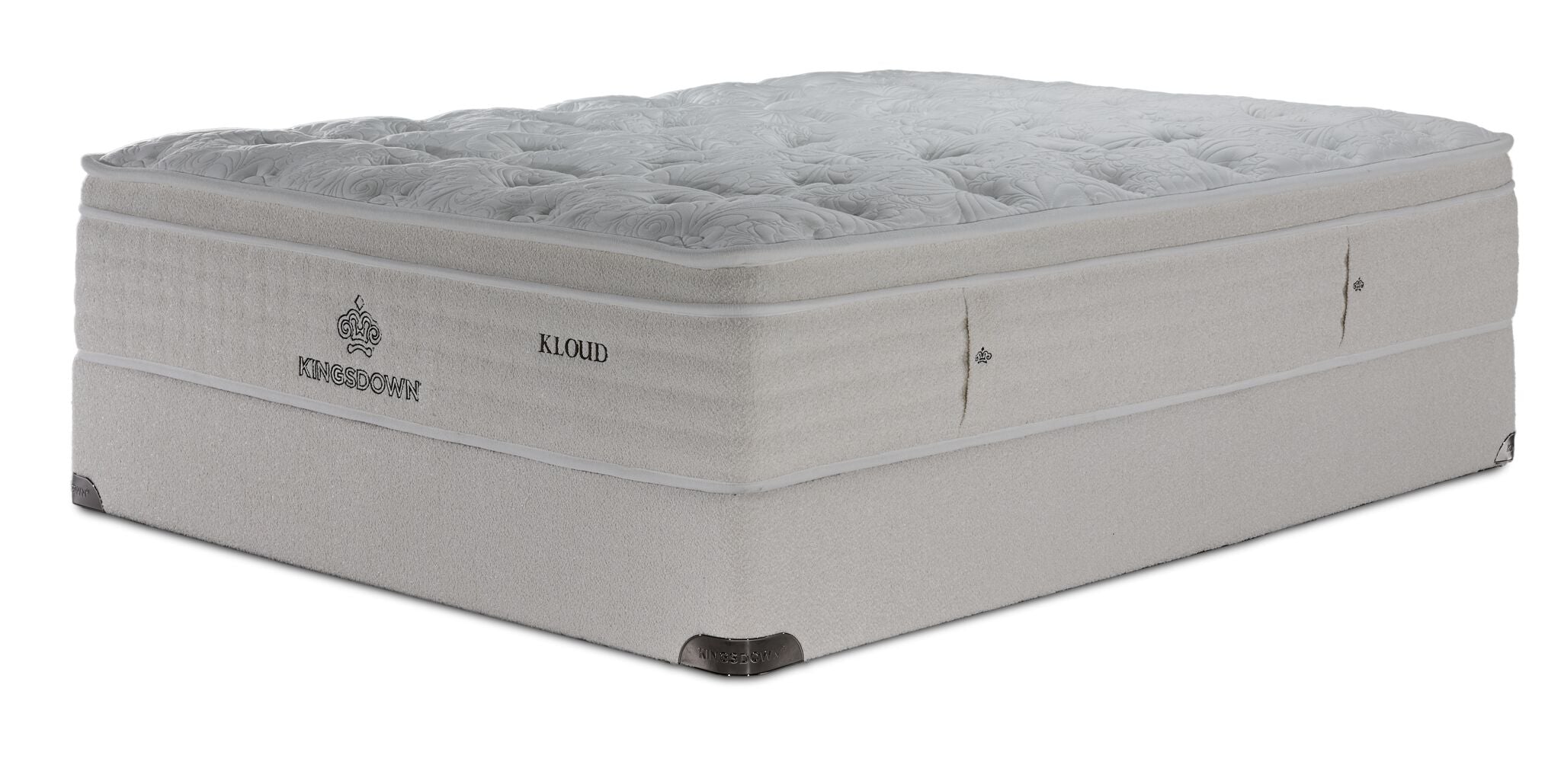 Kingsdown Mist Medium Euro Top queen mattress and matching cream boxspring set, shown at an angle