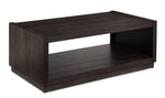 Modern Edge 48-inch dark grey coffee table with raised end panels and open bottom shelf