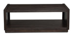 Modern Edge dark grey coffee table with reeded pilasters, plinth-style base and front view