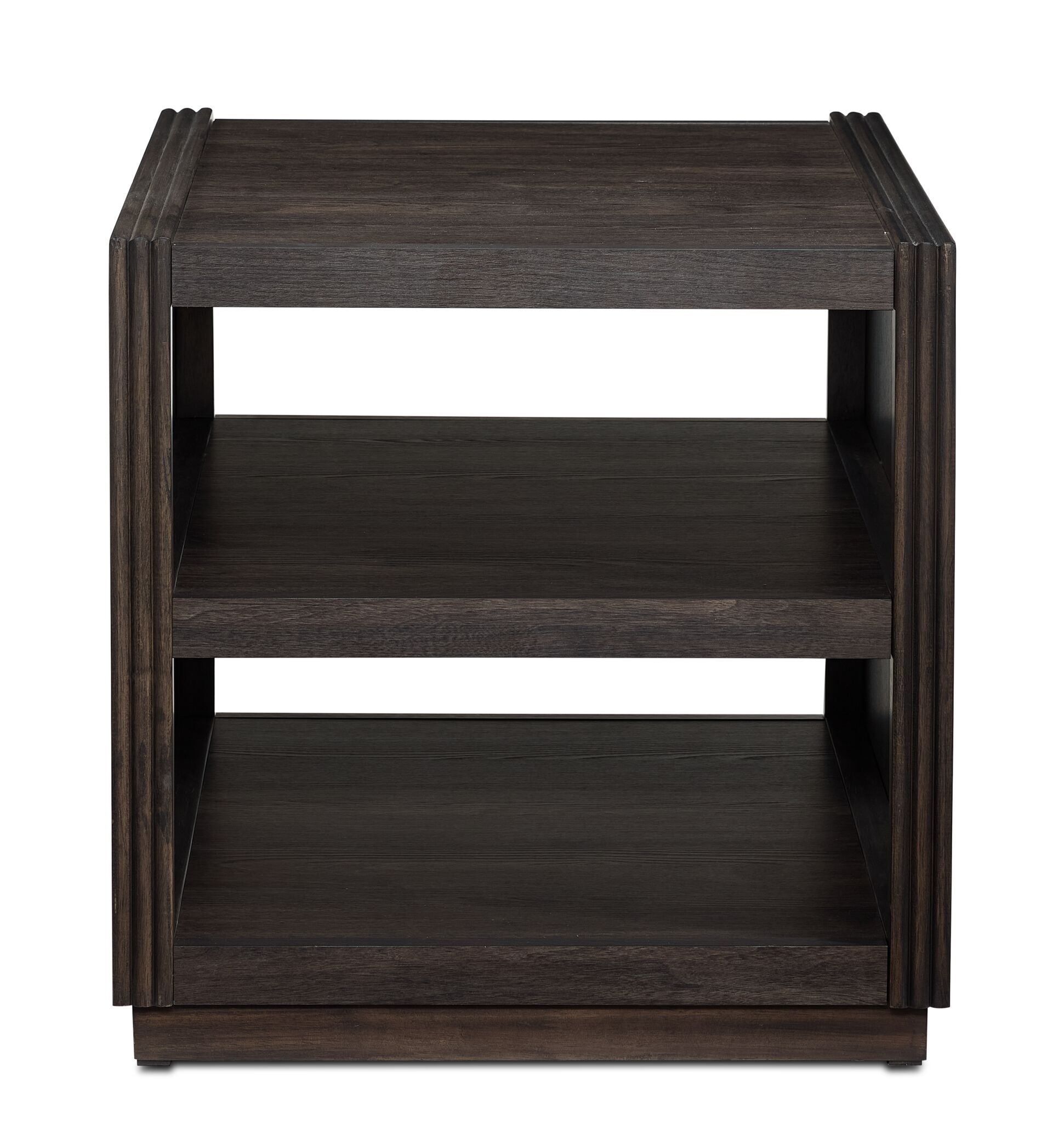 Modern Edge dark grey end table with reeded pilasters, lower shelf and plinth-style base