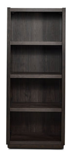 Modern Edge dark grey bookcase with raised block base, open shelves and front view