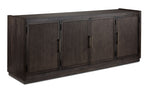 Modern Edge 77-inch dark grey TV console with adjustable shelves and wide picture frame moulding