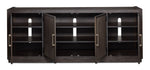 Modern Edge 77-inch TV console in dark grey with open media storage and front view