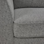 Moncton sofa close-up showing light grey polyester upholstery, cushion edge and seam detail