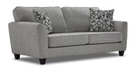 Moncton light grey sofa with two seat cushions, flared arms, dark tapered legs and angled front view
