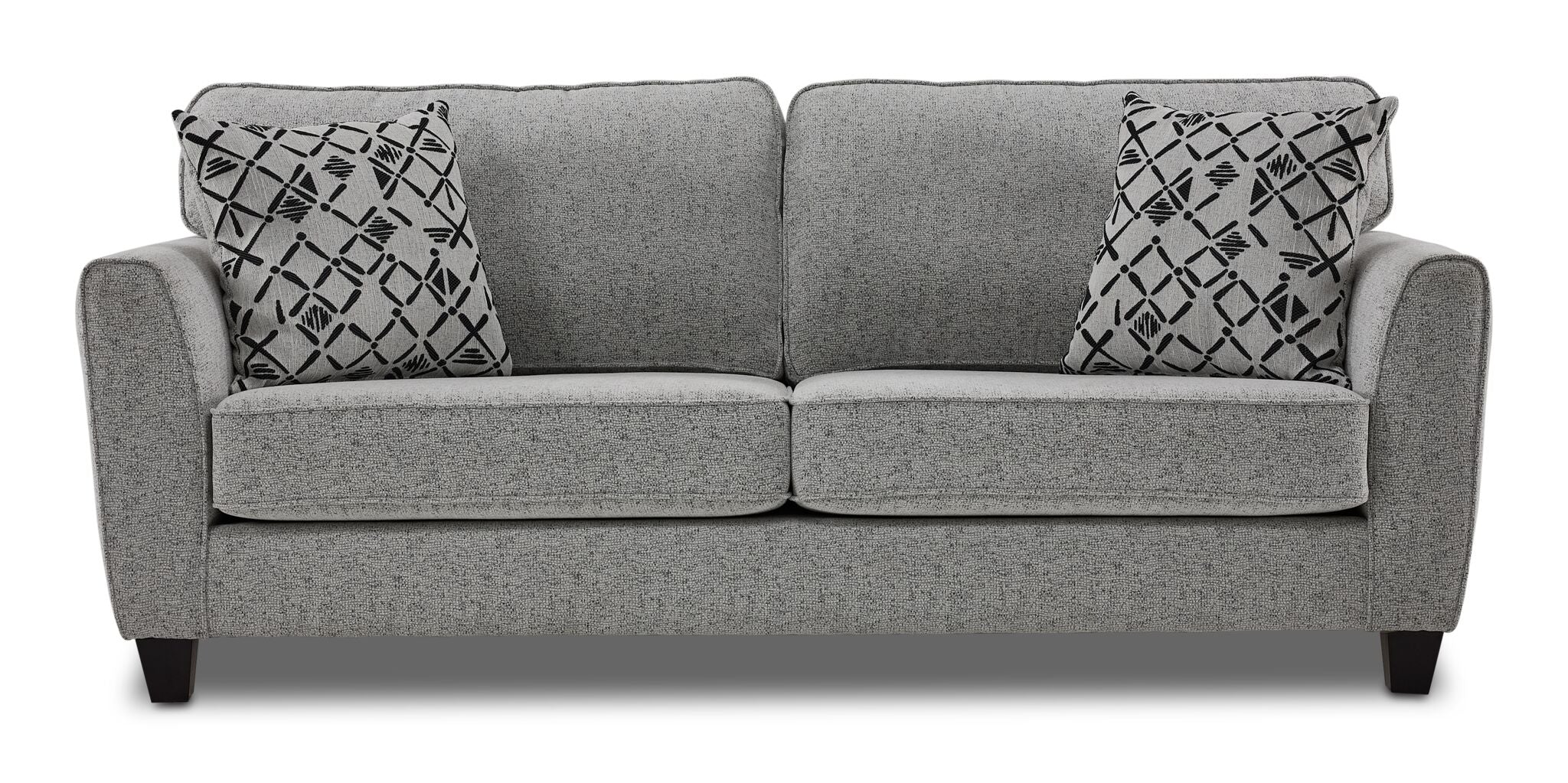 Moncton light grey sofa with two back cushions, accent pillows and clean front view