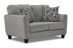Moncton light grey loveseat with two seat cushions, flared arms, dark tapered legs and angled front view
