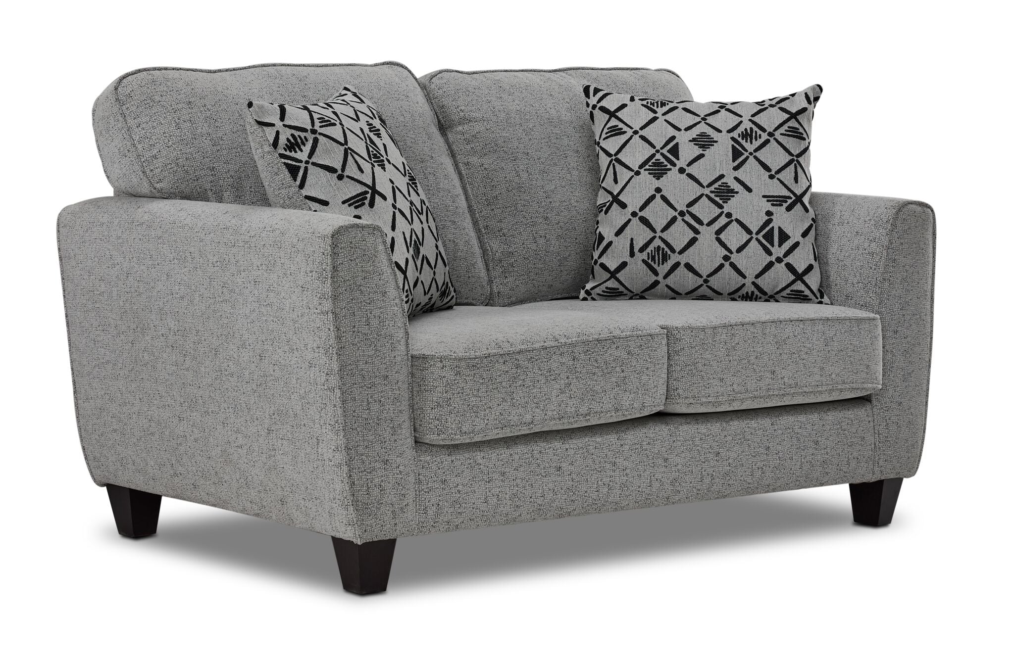 Moncton light grey loveseat with two seat cushions, flared arms, dark tapered legs and angled front view