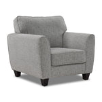 Moncton light grey chair with flared arms, single back cushion, dark tapered legs and angled front view