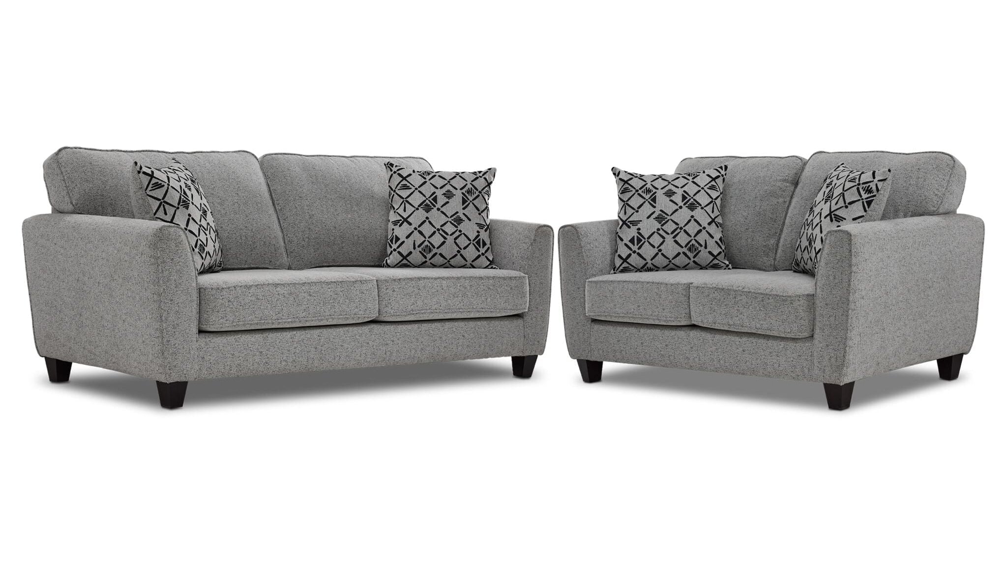 Moncton light grey sofa and loveseat set with flared arms, dark tapered legs and accent pillows