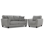 Moncton light grey sofa and chair set with flared arms, dark tapered legs and accent pillows