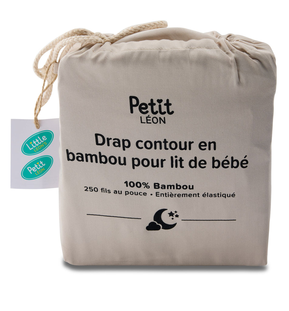 Petit Léon Moonbeam bamboo fitted crib sheet in drawstring packaging with 100% bamboo and 250 thread count details