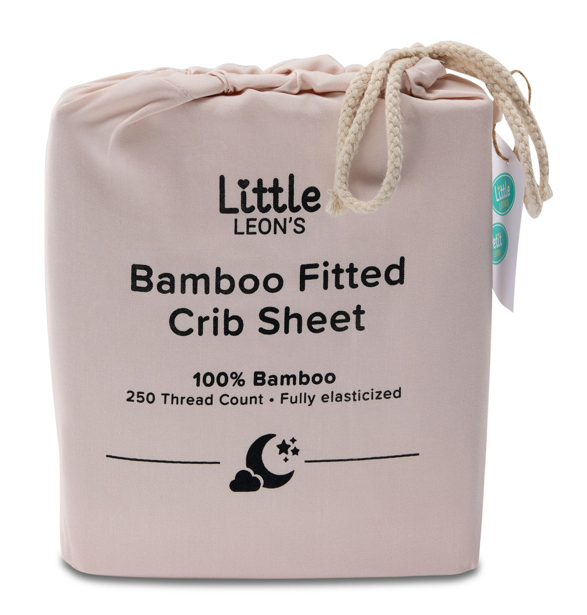 Little Leon’s Bamboo Fitted Crib Sheet in Morganite pink drawstring packaging with 100% bamboo and 250 thread count details