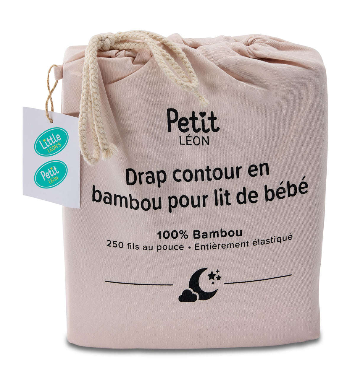 Petit Léon Morganite pink bamboo fitted crib sheet in drawstring packaging with 100% bamboo and 250 thread count details
