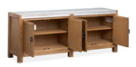 Plum Creek marble top TV stand with Sierra Brown wood finish and adjustable interior shelves