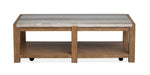 Plum Creek marble top coffee table with Sierra Brown wood base and open shelf