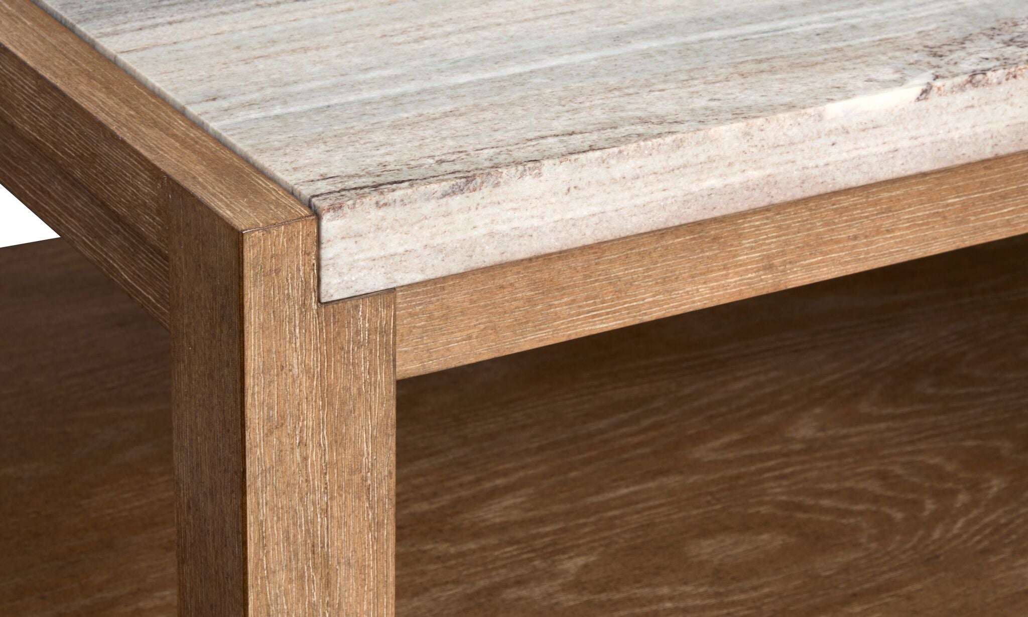 Plum Creek coffee table close-up showing marble top, wood grain and Sierra Brown finish