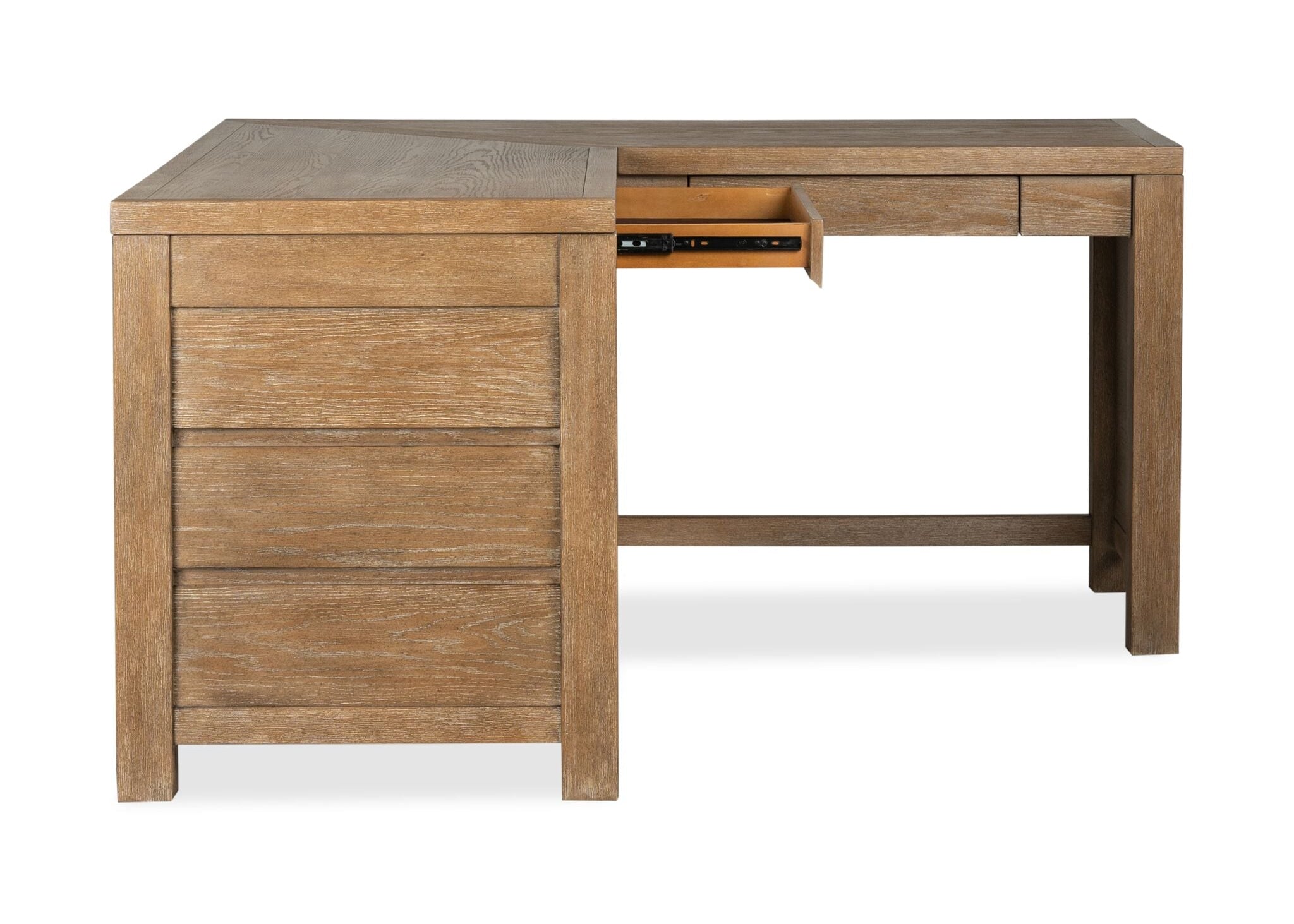 Plum Creek 70-inch corner desk with open centre drawer, wood panel sides and Sierra Brown wood grain finish