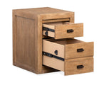 Plum Creek filing cabinet with three open drawers, Sierra Brown wood grain and oil-rubbed bronze hardware