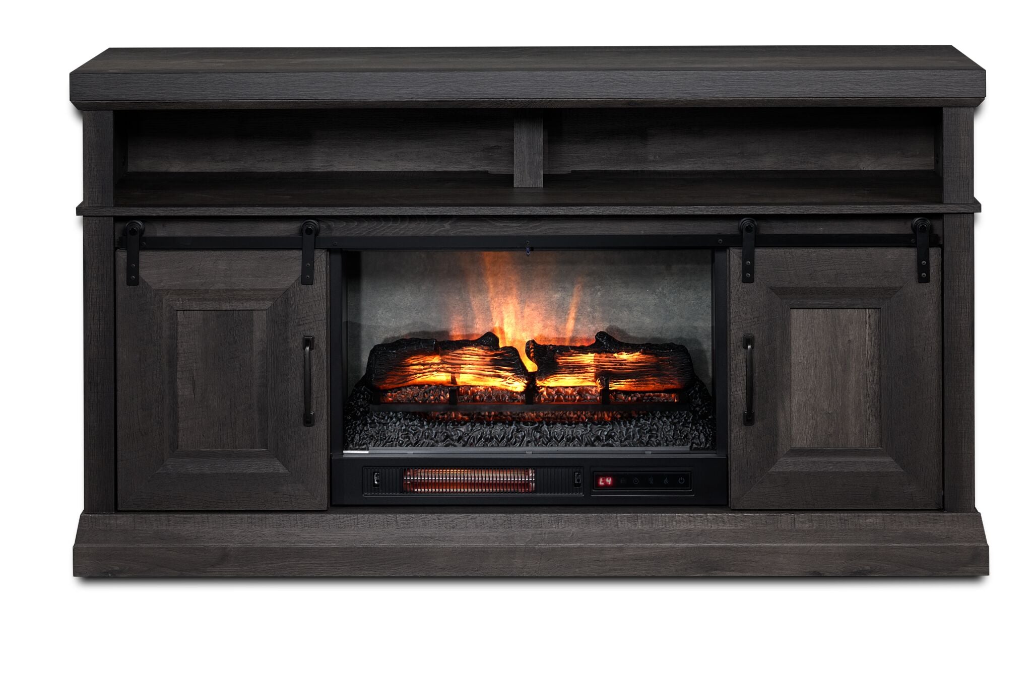 Front view of Preston 59.75" Fireplace TV Stand in charcoal with glowing fireplace, barn doors and upper media shelf