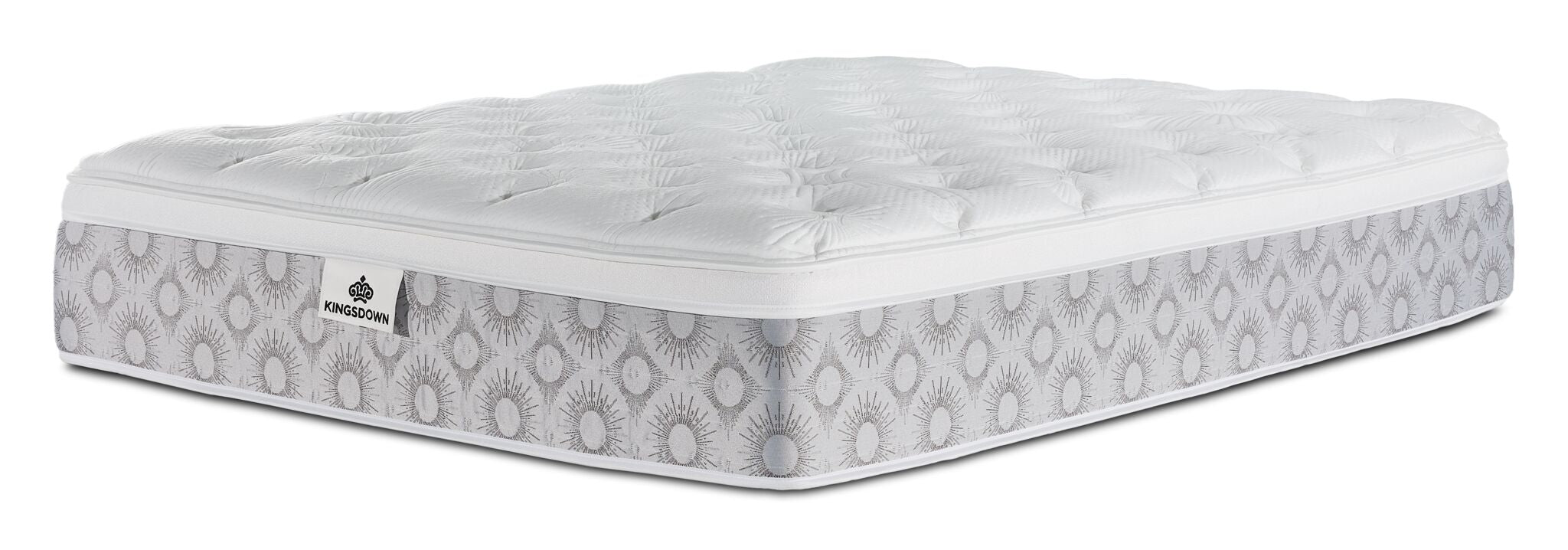 Kingsdown Quinlan Plush Euro Top twin mattress with a white tufted top and grey patterned sides