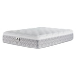 Kingsdown Quinlan Plush Euro Top queen mattress with a white tufted top and grey patterned sides
