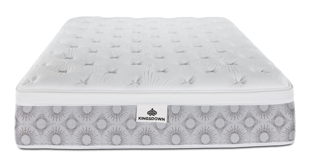 Front view of the Kingsdown Quinlan Plush Euro Top California king mattress with a tufted surface and patterned border