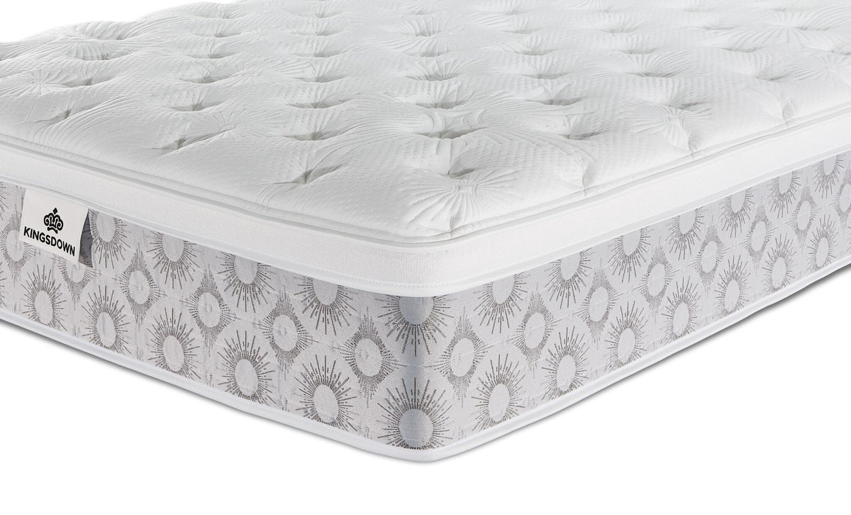 Close-up of the Kingsdown Quinlan Plush Euro Top full mattress showing the tufted top and grey patterned side panel