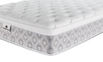Close-up of the Kingsdown Quinlan Plush Euro Top twin mattress showing the tufted top and grey patterned side panel