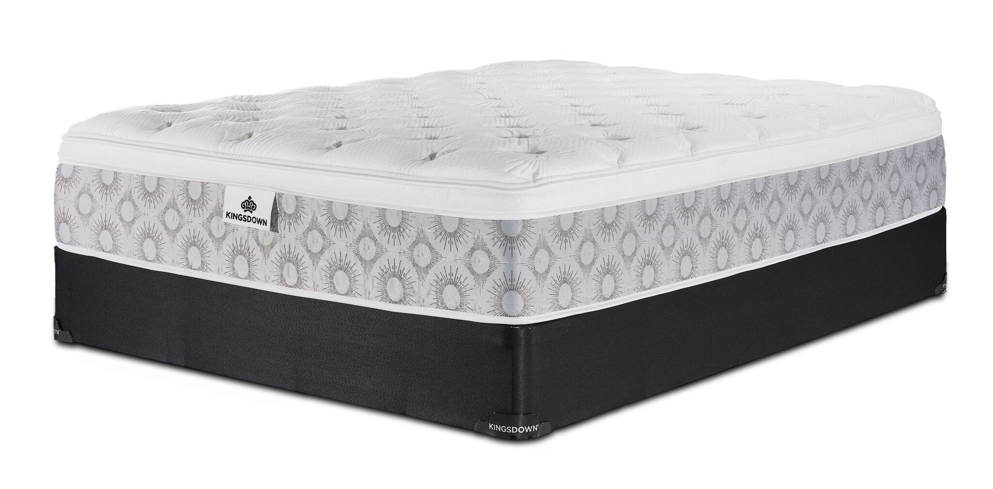 Kingsdown Quinlan Plush Euro Top full mattress and black boxspring set, shown at an angle