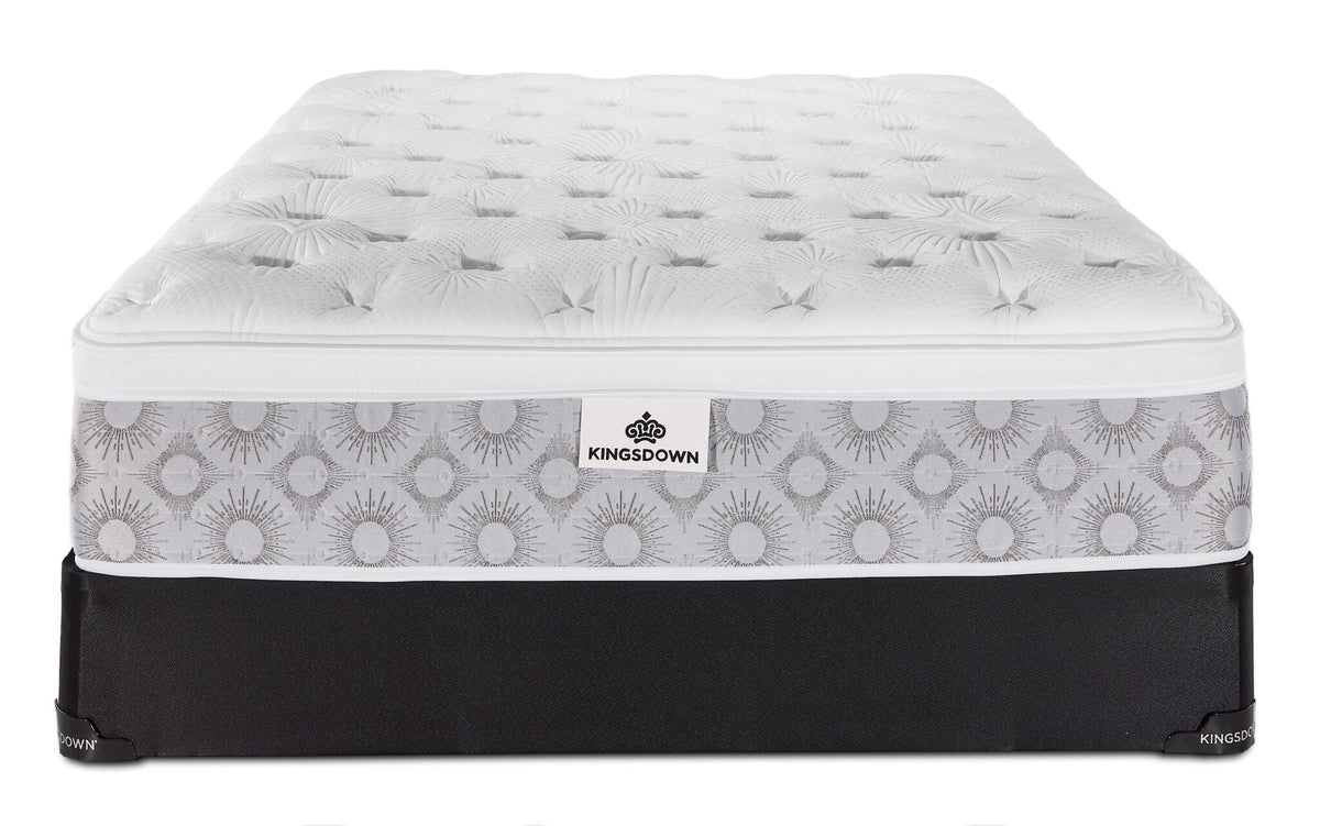 Front view of the Kingsdown Quinlan Plush Euro Top full mattress and black boxspring set