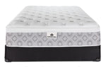 Front view of the Kingsdown Quinlan Plush Euro Top queen mattress and black boxspring set