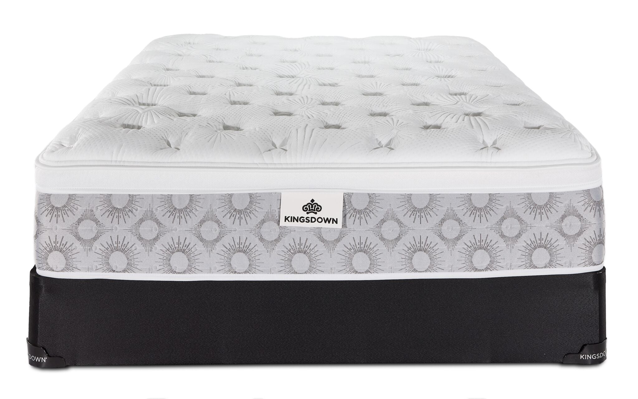 Front view of the Kingsdown Quinlan Plush Euro Top queen mattress and black boxspring set