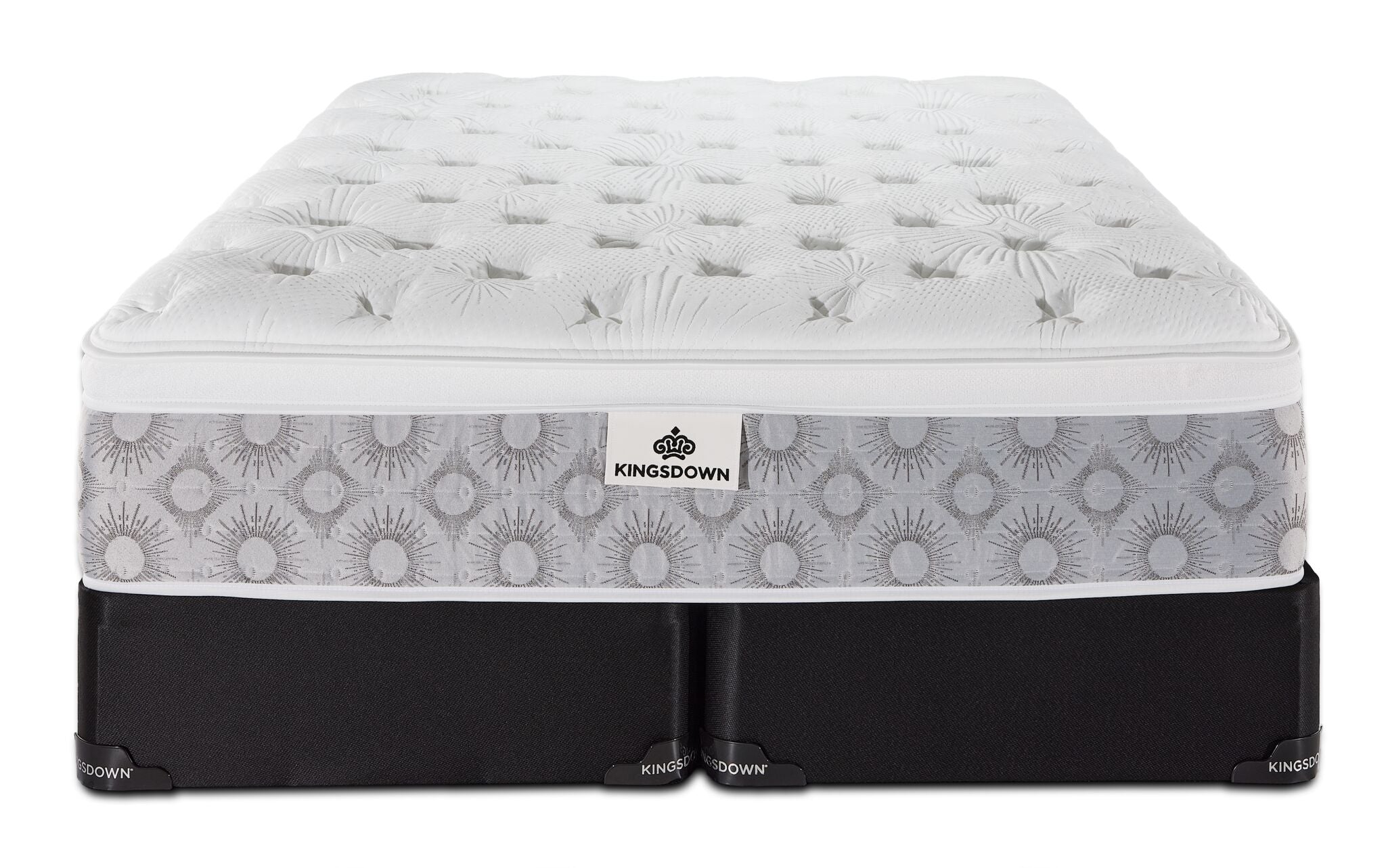 Front view of the Kingsdown Quinlan Plush Euro Top queen mattress with two black split boxsprings