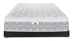 Front view of the Kingsdown Quinlan Plush Euro Top twin mattress and black low-profile boxspring set