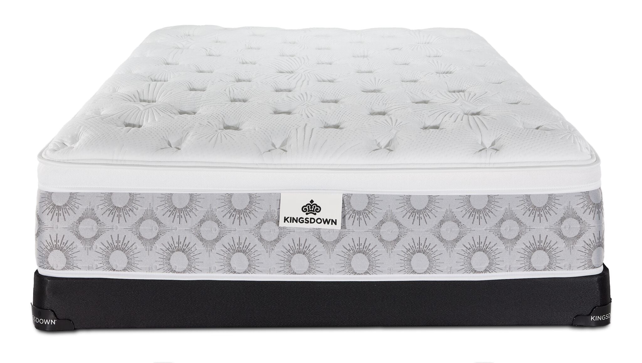 Front view of the Kingsdown Quinlan Plush Euro Top full mattress and black low-profile boxspring set