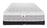Front view of the Kingsdown Quinlan Plush Euro Top queen mattress with two black split low-profile boxsprings