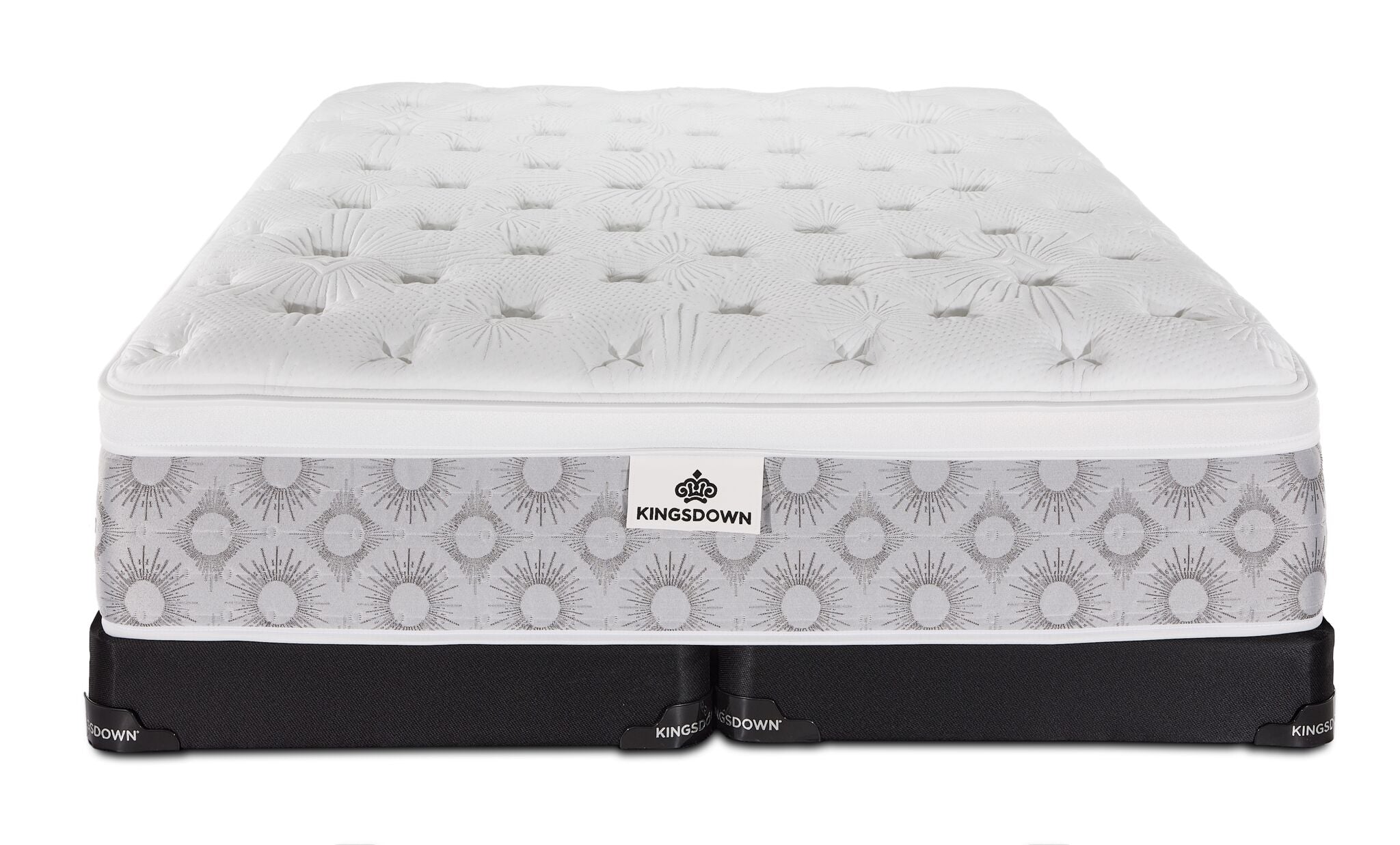 Front view of the Kingsdown Quinlan Plush Euro Top queen mattress with two black split low-profile boxsprings