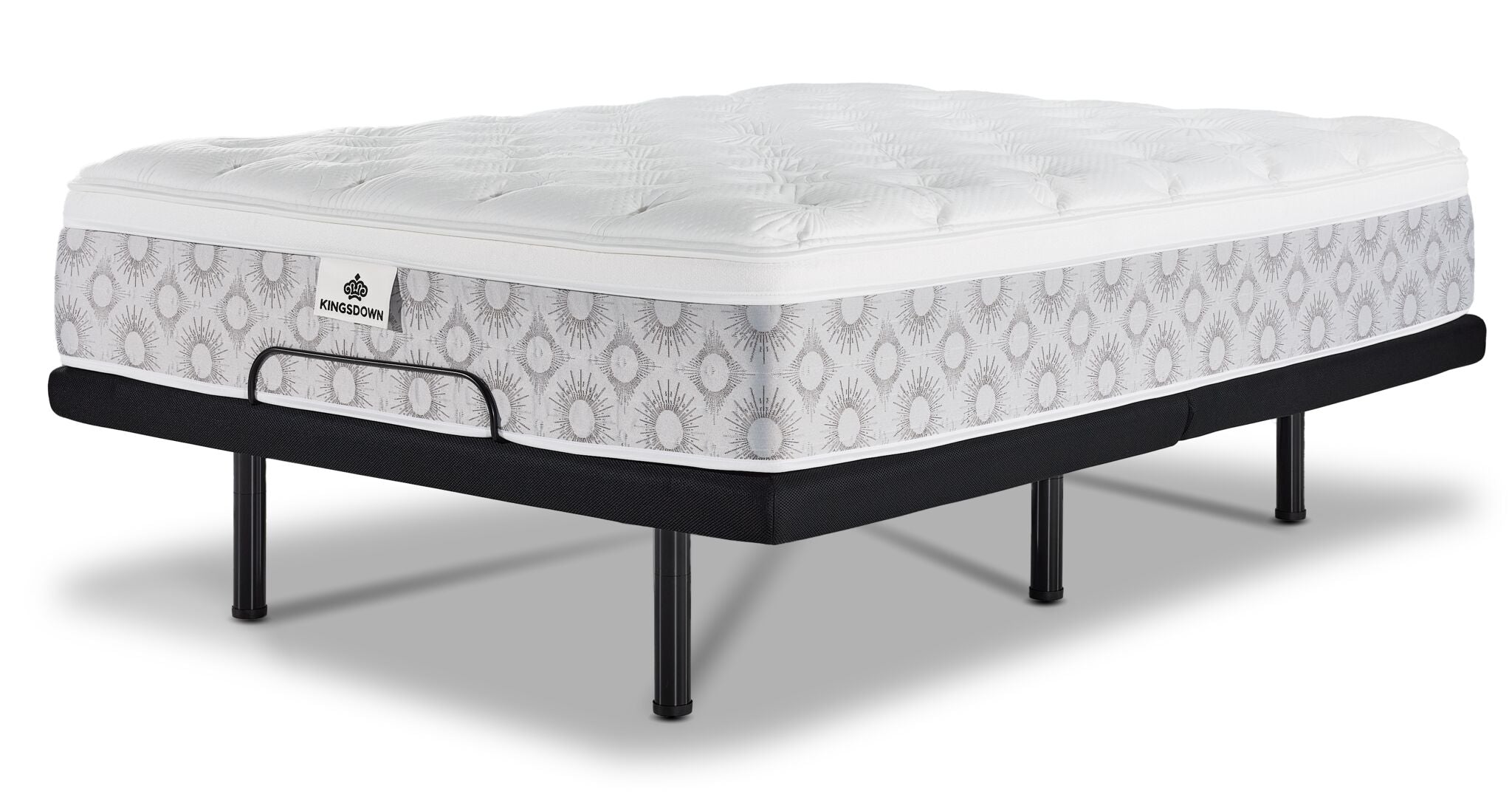 Kingsdown Quinlan Plush Euro Top queen mattress on an L2 Pro adjustable base in the flat position