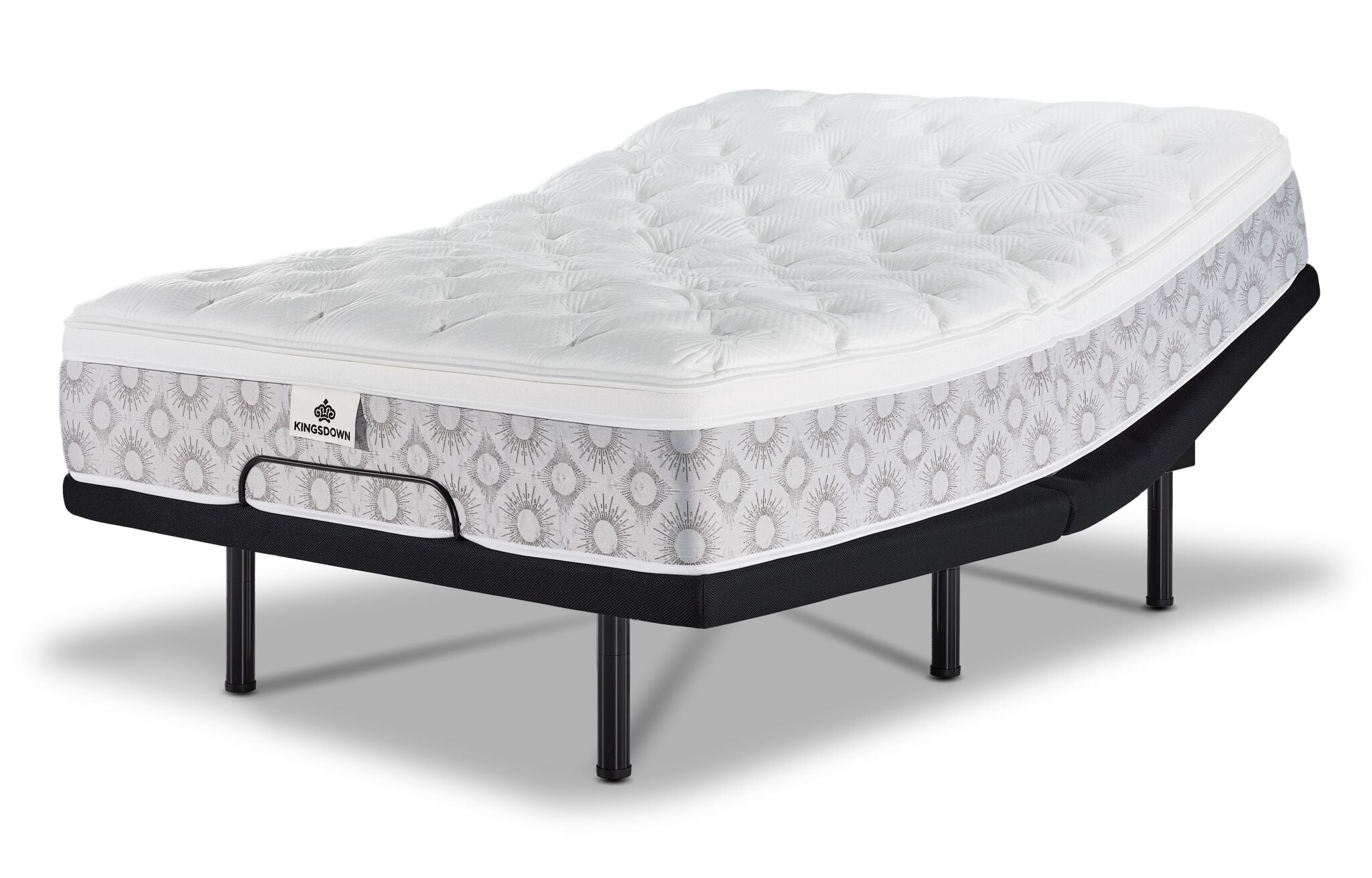 Kingsdown Quinlan Plush Euro Top twin XL mattress on an L2 Pro adjustable base with head and foot raised