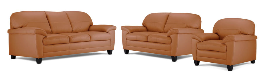 Raphael Leather Sofa, Loveseat and Chair Set- Saddle