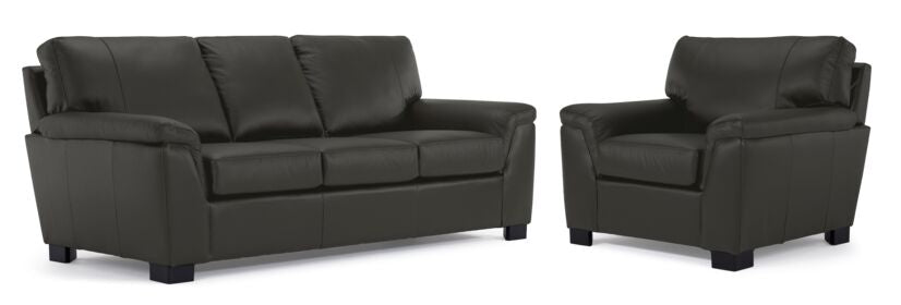 Reynolds Leather Sofa and Chair Set - Dark Grey