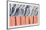 Samsung 85-inch The Frame LS03HE 4K Vision AI Smart TV shown at an angle displaying abstract blue, white and coral artwork in Art Mode