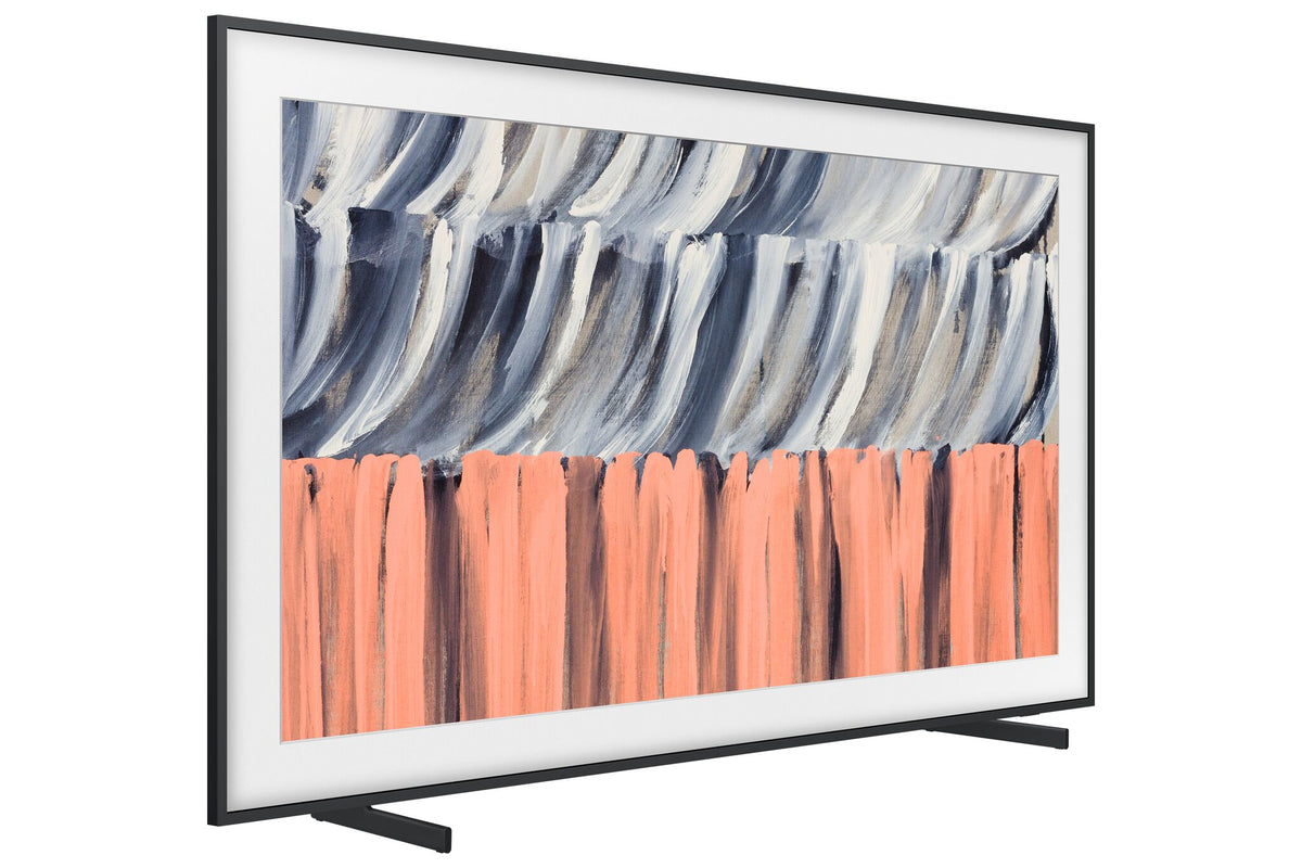 Samsung 55-inch The Frame LS03HE Smart TV on two black stand feet, displaying abstract artwork with a white mat-style border
