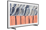 Samsung 85-inch The Frame LS03HE Smart TV on two black stand feet, displaying abstract artwork with a white mat-style border