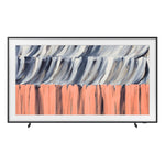 Front view of Samsung 65-inch The Frame LS03HE 4K Smart TV on stand feet, displaying blue, white and coral abstract artwork